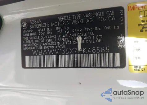 2007 BMW 328I from USA, damaged, VIN WBAWV135X7PK48585